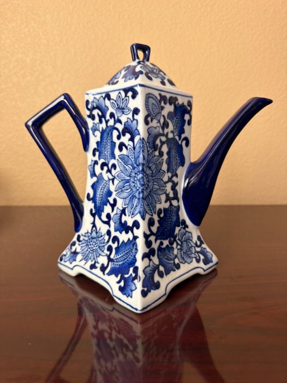 Vintage Blue White Ceramic Teapot Chinoiserie Floral Square Decor 9.5"